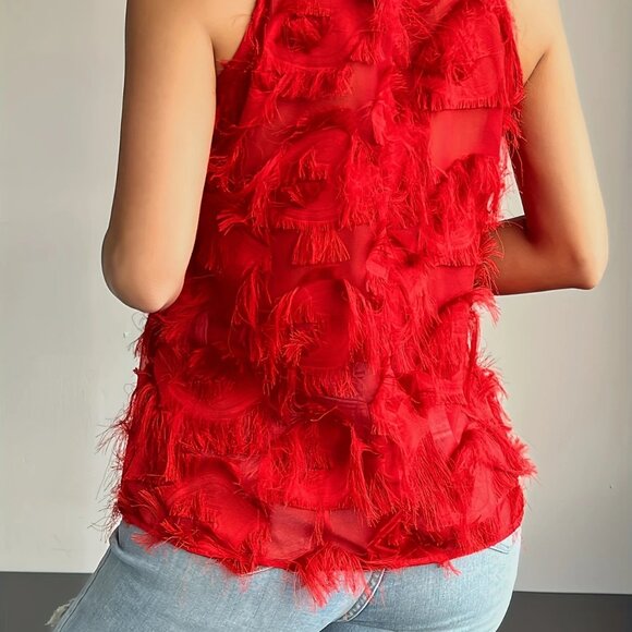 Red Fluffy Fringes Halter Neck Top Blouse - Picture 4 of 5
